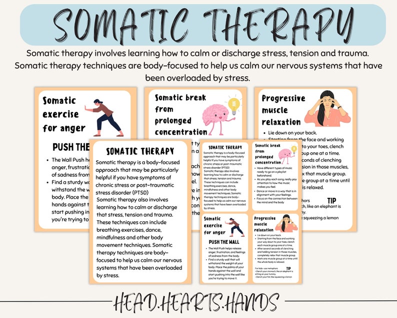 Puede incluir: Tres tarjetas ilustradas con informaci&oacute;n sobre t&eacute;cnicas de terapia som&aacute;tica. La primera tarjeta muestra a una persona empujando contra una pared y se titula "Ejercicio som&aacute;tico para la ira". La segunda tarjeta muestra un cerebro con una bombilla y se titula "Pausa som&aacute;tica de concentraci&oacute;n prolongada". La tercera tarjeta muestra a una persona haciendo un ejercicio de relajaci&oacute;n muscular y se titula "Relajaci&oacute;n muscular progresiva".