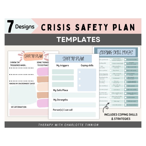 Crisis safety plan sheets, support plan ,CPTSD worksheets, suicide ideation, suicide prevention, trauma therapy tool, therapist safety plan