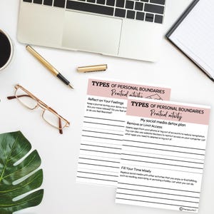 May include: Two printable worksheets with the title "Types of Personal Boundaries" and "Practical Activities". The first worksheet has the heading "Reflect on Your Feelings" and the second worksheet has the headings "My Social Media Detox Plan" and "Fill Your Time Wisely".