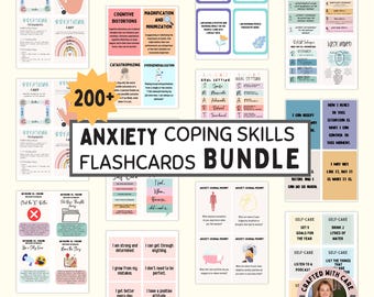 May include: A set of 200+ colorful flashcards with the text "Anxiety Coping Skills Flashcards Bundle" in a large, bold font. The flashcards feature various coping skills and techniques for managing anxiety, including breathing exercises, cognitive distortions, goal setting, and self-care tips.