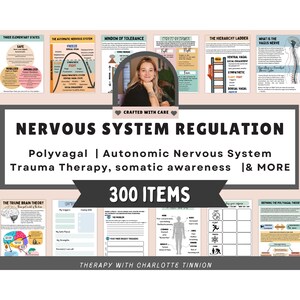 May include: A digital download of 300 printable worksheets and resources for learning about the nervous system, polyvagal theory, and trauma therapy. The image shows a collage of colorful illustrations and text, including a diagram of the brain, a ladder representing the hierarchy of the nervous system, and a woman smiling at the camera.