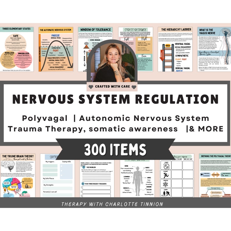 May include: A digital download of 300 printable worksheets and resources for learning about the nervous system, polyvagal theory, and trauma therapy. The image shows a collage of colorful illustrations and text, including a diagram of the brain, a ladder representing the hierarchy of the nervous system, and a woman smiling at the camera.