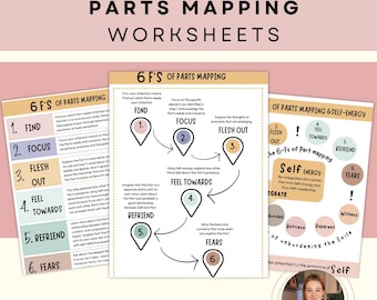 IFS parts mapping Exercise worksheets, internal family systems workbook,  IFS cheat sheets, 6 F's of Parts Work, emotional regulation, CBT
