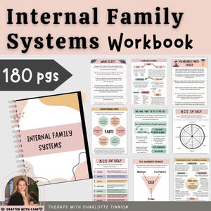 May include: A pink and peach workbook titled "Internal Family Systems Workbook" with the text "180 pgs" in the top left corner. The workbook cover features a stylized illustration of a spiral bound notebook with the text "Internal Family Systems" on the cover. The workbook is part of a larger set of pages with various diagrams and text related to Internal Family Systems therapy.