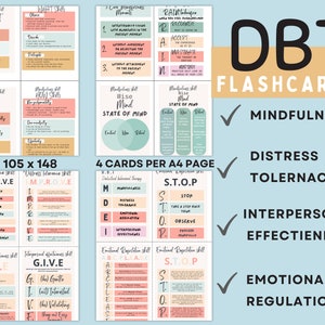 May include: A set of printable DBT flashcards with a light blue background and pink and green accents. The flashcards are divided into four categories: Mindfulness, Distress Tolerance, Interpersonal Effectiveness, and Emotional Regulation. Each category has a checkmark next to it and the name of the category is written in a large, bold font. The flashcards are designed to be printed on A4 paper, with four cards per page. The text on the flashcards is clear and easy to read.
