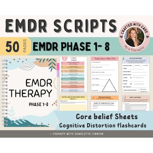 May include: A set of 50 printable EMDR therapy scripts for phases 1-8. The scripts are designed to help therapists guide clients through the EMDR process. The scripts are organized into different phases, including preparation, assessment, desensitization, installation, and body scan. The scripts also include a variety of tools and techniques that can be used to help clients process traumatic memories and develop coping skills.