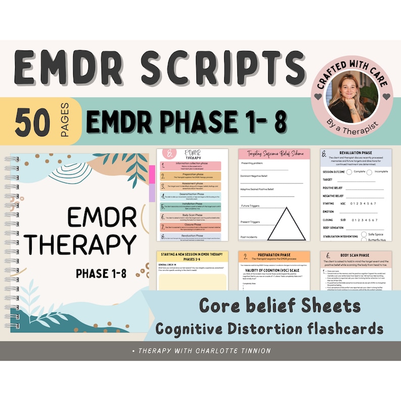 May include: A set of 50 printable EMDR therapy scripts for phases 1-8. The scripts are designed to help therapists guide clients through the EMDR process. The scripts are organized into different phases, including preparation, assessment, desensitization, installation, and body scan. The scripts also include a variety of tools and techniques that can be used to help clients process traumatic memories and develop coping skills.