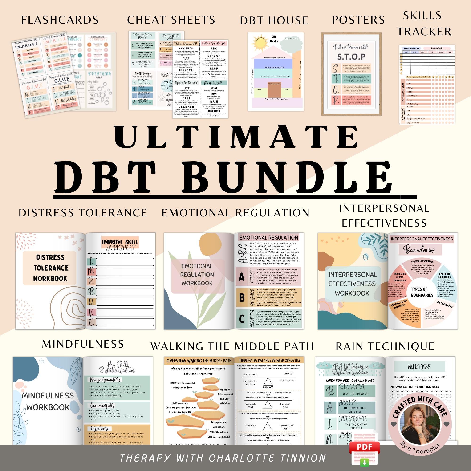 dbt-bundel, dbt-werkbladen, dbt-spiekbriefje, dbt-vaardigheden, dbt-werkboek, dbt-hand-out, emotionele regulatie, dbt-flashcards, therapiewerkbladen