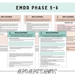 May include: A set of printable worksheets for EMDR therapy, a type of psychotherapy that helps people process traumatic memories. The worksheets are titled "EMDR Phase 5-6" and "Installation Phase". They include instructions for the client to perform a body scan and associate positive beliefs with the target event.