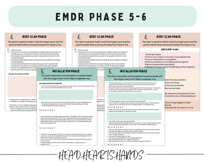 May include: A set of printable worksheets for EMDR therapy, a type of psychotherapy that helps people process traumatic memories. The worksheets are titled "EMDR Phase 5-6" and "Installation Phase". They include instructions for the client to perform a body scan and associate positive beliefs with the target event.