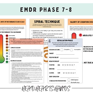 May include: A colorful chart with the title "EMDR Phase 7-8" and the text "Subjective Units of Disturbance (SUD) Scale", "Spiral Technique", "Validity of Cognition (VOC) Scale", and "Revaluation Phase". The chart includes a red, yellow, and green scale with numbers from 10 to 100. The chart also includes a spiral diagram and a scale with numbers from 0 to 7.