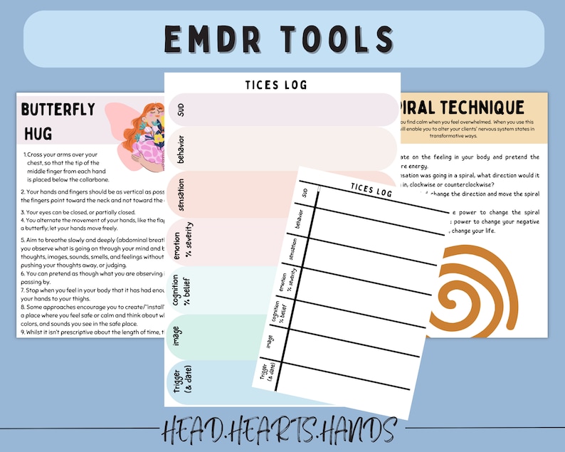 May include: A printable worksheet with the title "EMDR Tools" and includes a section called "Butterfly Hug" with instructions on how to perform the technique. The worksheet also includes a section called "TICES Log" with columns for "Trigger", "Image", "Cognition", "Emotion", "Sensation", and "Behavior". The worksheet also includes a section called "Spiral Technique" with instructions on how to perform the technique.