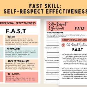 May include: A pink and green printable worksheet with the acronym FAST, which stands for Be Fair, No Apologies, Stick to Your Values, and Be Truthful. The worksheet is a guide for improving self-respect and interpersonal effectiveness.