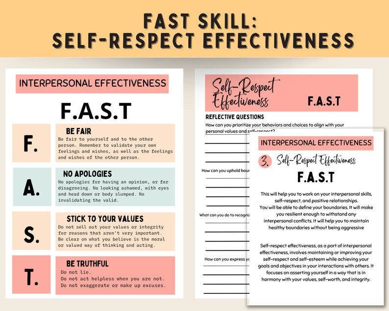 May include: A pink and green printable worksheet with the acronym FAST, which stands for Be Fair, No Apologies, Stick to Your Values, and Be Truthful. The worksheet is a guide for improving self-respect and interpersonal effectiveness.
