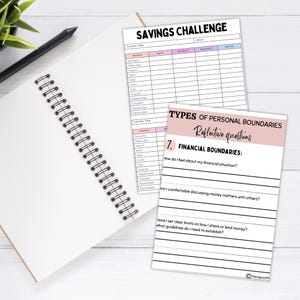 May include: A printable worksheet with a savings challenge tracker and a section on personal boundaries with reflective questions about financial boundaries. The worksheet has a pink and blue color scheme.