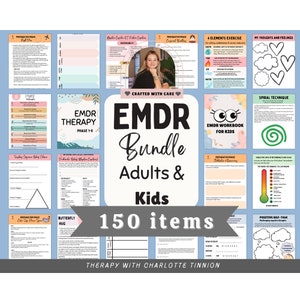 May include: A collage of colorful printable worksheets for EMDR therapy for adults and children. The title "EMDR Bundle Adults & Kids 150 items" is displayed in a large font. The image also includes the text "Therapy with Charlotte Tinnion".