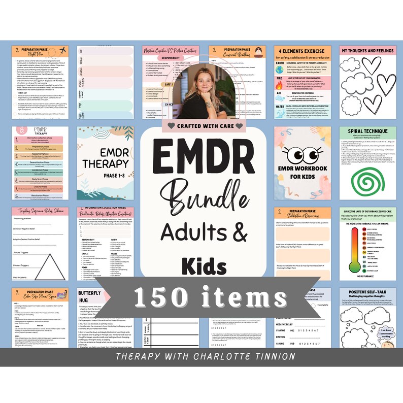 May include: A collage of colorful printable worksheets for EMDR therapy for adults and children. The title "EMDR Bundle Adults & Kids 150 items" is displayed in a large font. The image also includes the text "Therapy with Charlotte Tinnion".