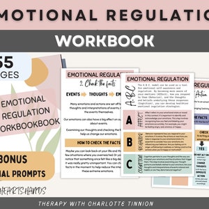 May include: A workbook titled "Emotional Regulation Workbook" with 55 pages and a bonus section for journal prompts. The workbook is designed to help people learn how to regulate their emotions. The cover features a green and pink floral design.