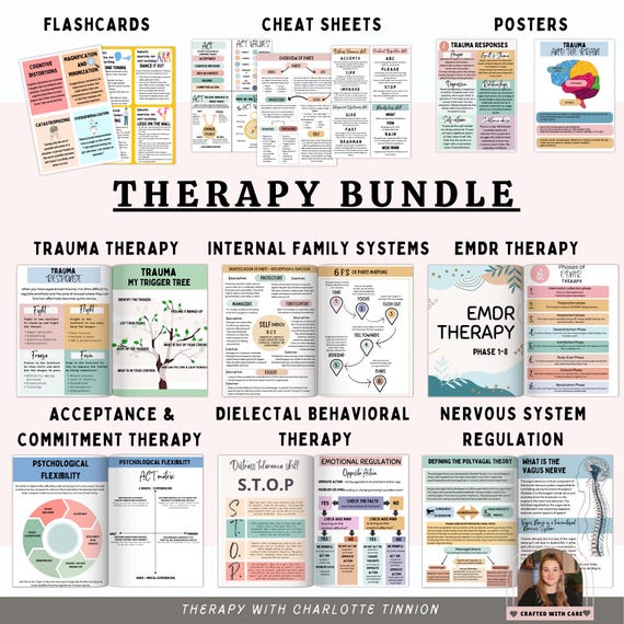 Therapy bundle worksheets, counselling tools, psychoeducation, IFS Bundle, DBT bundle, EMDR scripts, Act Bundle, Polyvagal Theory Worksheets