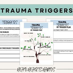 Op de afbeelding: Drie afdrukbare werkbladen getiteld "Trauma Triggers" met tekst en in te vullen secties. De werkbladen bevatten secties voor het identificeren van triggers, een triggerboomdiagram en een plan. De titel "Trauma Triggers" staat bovenaan.