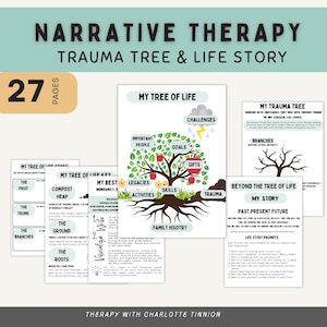 Hoja de trabajo de historia de vida de terapia narrativa, hojas de trabajo del Árbol de la Vida, hojas de trabajo de terapia de trauma, hoja de trabajo de ansiedad, regulación emocional, TCC