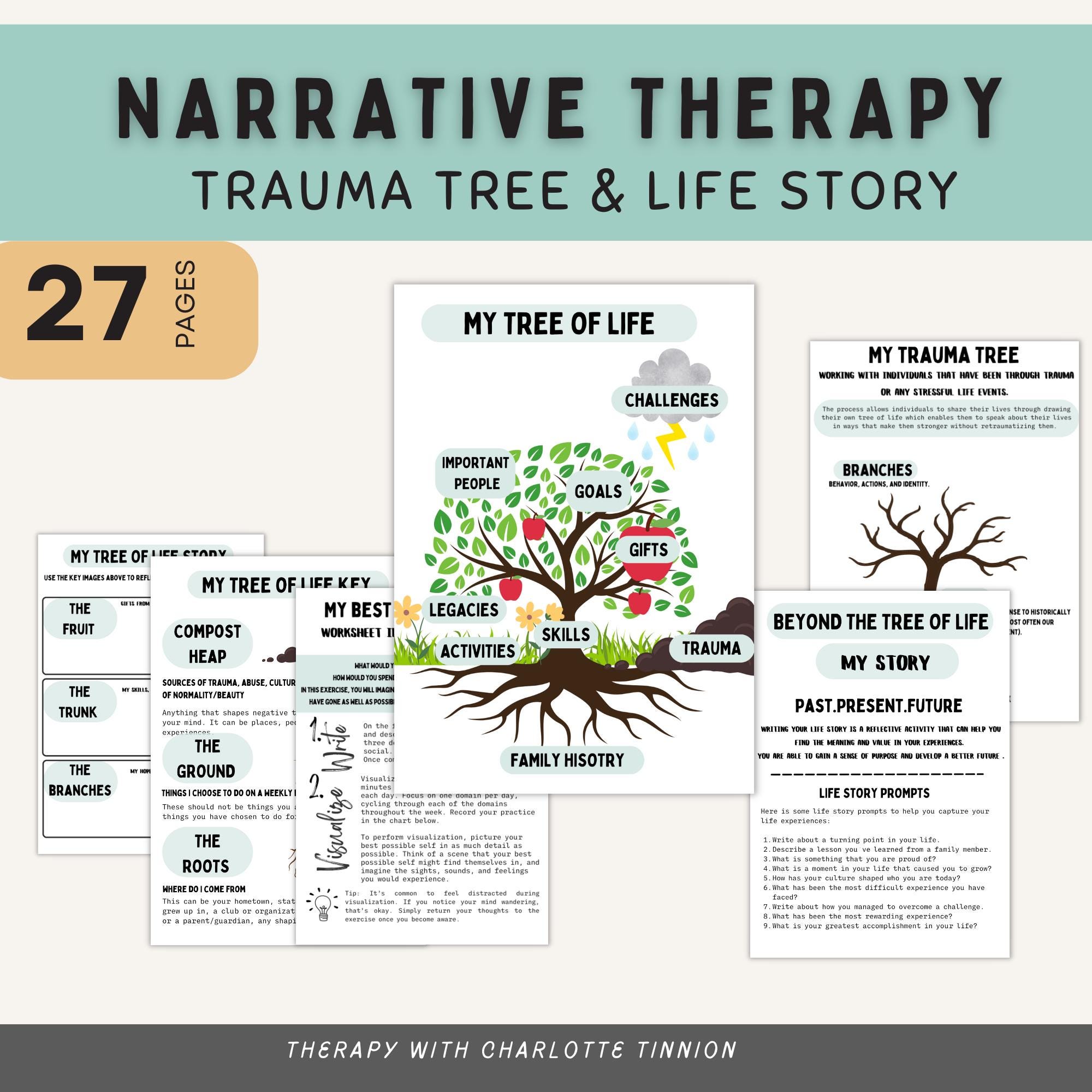 Narrative Therapy Life story worksheet , Tree of Life worksheets, Trauma therapy Worksheets, anxiety worksheet, emotional regulation, CBT