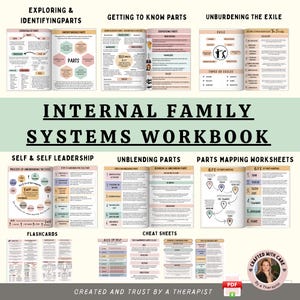 May include: An Internal Family Systems Workbook with the title in large black letters. The workbook includes sections on exploring parts, self-leadership, and worksheets. The bottom of the image reads "Created and trusted by a therapist."