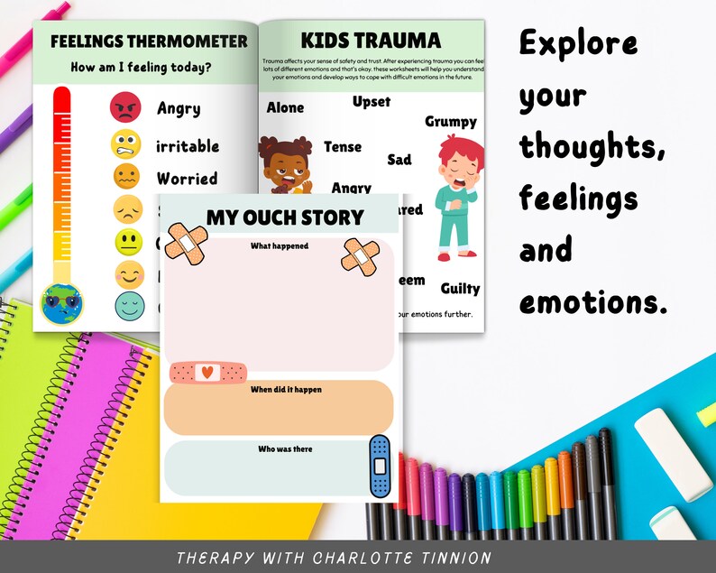 May include: A printable worksheet for kids to explore their feelings and emotions. The worksheet includes a feelings thermometer, a trauma worksheet, and a "My Ouch Story" worksheet. The worksheet is designed to help kids understand and cope with difficult emotions.