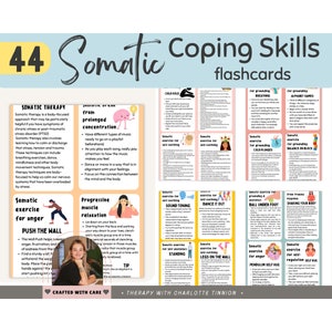 May include: 44 colorful flashcards with illustrations and text. The flashcards are for somatic coping skills and include exercises for grounding, breathing, anger, self-regulation, and more. The text on the flashcards includes phrases like "Somatic Exercise for Anger", "Push the Wall", "Progressive Muscle Relaxation", and "Child Hold".