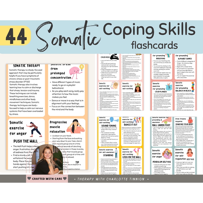 May include: 44 colorful flashcards with illustrations and text. The flashcards are for somatic coping skills and include exercises for grounding, breathing, anger, self-regulation, and more. The text on the flashcards includes phrases like "Somatic Exercise for Anger", "Push the Wall", "Progressive Muscle Relaxation", and "Child Hold".