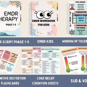 May include: A set of printable resources for EMDR therapy, including a workbook for kids, a script for phases 1-8, cognitive distortion flashcards, and core belief cognition sheets. The resources feature colorful illustrations and text.