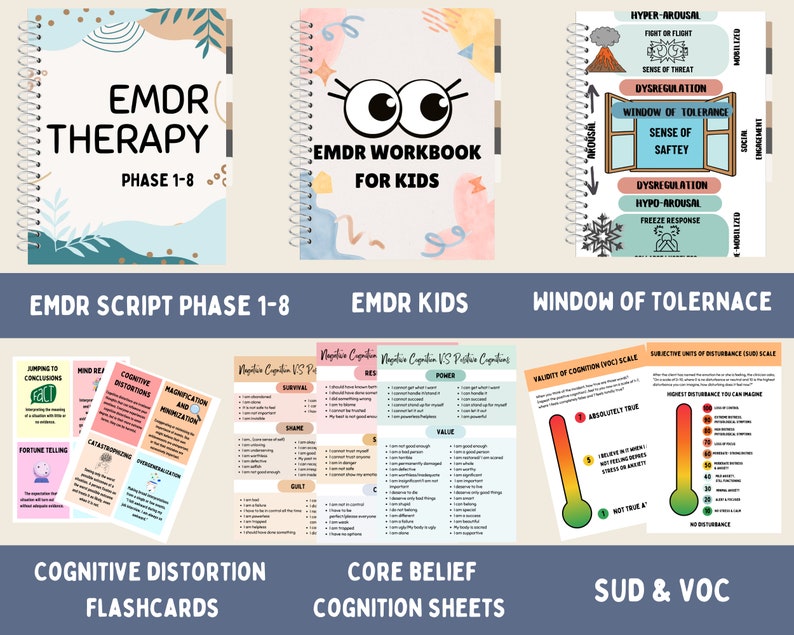 May include: A set of printable resources for EMDR therapy, including a workbook for kids, a script for phases 1-8, cognitive distortion flashcards, and core belief cognition sheets. The resources feature colorful illustrations and text.