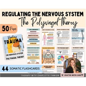 May include: A colorful printable resource guide for regulating the nervous system using the Polyvagal Theory. The guide includes 50 pages of information and 44 somatic flashcards. The cover features a brain illustration and the text "Healing Trauma" and "The Nervous System Polyvagal Theory".
