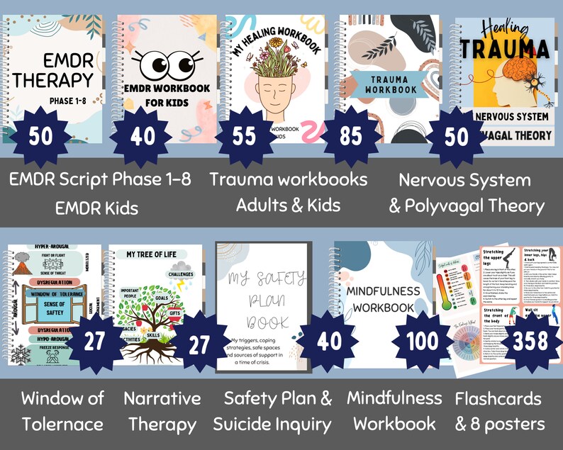May include: A collection of workbooks and flashcards for trauma therapy, including EMDR, mindfulness, and nervous system regulation. The workbooks have colorful covers with illustrations and text. The flashcards are colorful and feature illustrations of the human body.
