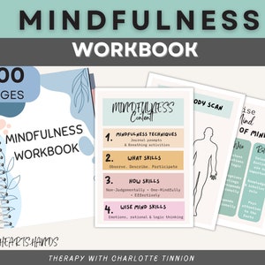May include: A blue and pink mindfulness workbook with 100 pages. The cover features the text "Mindfulness Workbook" and the text "Head Hearts Hands" at the bottom. The workbook is open to a page with the text "Mindfulness Content" and a list of mindfulness techniques, skills, and wise mind skills.