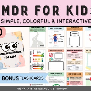 May include: A colorful workbook with the title "EMDR Workbook for Kids" and a cover featuring large cartoon eyes. The workbook is part of a set that includes 40 workbooks and 100 bonus flashcards. The text "EMDR for Kids" is displayed in large, bold letters at the top of the image. The text "Simple, Colorful & Interactive" is displayed below the title. The text "100 Bonus Flashcards" is displayed in large, bold letters at the bottom of the image. The text "Therapy with Charlotte Tinnon" is displayed in smaller letters below the bonus flashcards text.