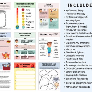 Puede incluir: Un conjunto de hojas de trabajo imprimibles coloridas para hacer frente al trauma. El conjunto incluye hojas de trabajo para comprender la respuesta al trauma, desarrollar habilidades de afrontamiento, identificar se&ntilde;ales de advertencia y practicar el autodi&aacute;logo positivo. El conjunto tambi&eacute;n incluye un frasco de trauma, un luchador de flashbacks y un term&oacute;metro de emociones.