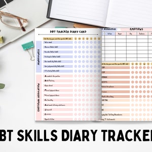 May include: A printable DBT Skills Diary Tracker with sections for mindfulness, emotional regulation, and emotions. The tracker includes a daily log for each skill and a weekly calendar for tracking progress.