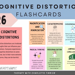 May include: A set of 26 flashcards with illustrations and text describing different types of cognitive distortions. The flashcards are pink, green, yellow, and light blue. The text on the flashcards includes the terms "Magnification and Minimization", "Catastrophizing", "Overgeneralization", "Magical Thinking", "Personalization", "Jumping to Conclusions", and "Cognitive Distortions".