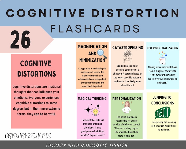 May include: A set of 26 flashcards with illustrations and text describing different types of cognitive distortions. The flashcards are pink, green, yellow, and light blue. The text on the flashcards includes the terms "Magnification and Minimization", "Catastrophizing", "Overgeneralization", "Magical Thinking", "Personalization", "Jumping to Conclusions", and "Cognitive Distortions".