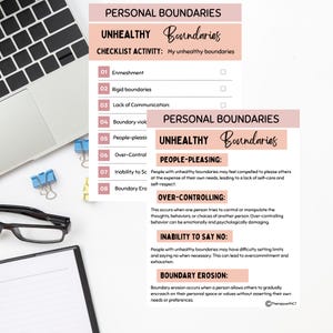 May include: A pink and white checklist titled "Personal Boundaries" with the subheading "Unhealthy Boundaries". The checklist includes eight items, including "Enmeshment", "Rigid Boundaries", "Lack of Communication", "Boundary Violation", "People-Pleasing", "Over-Control", "Inability to Set Boundaries", and "Boundary Erosion".