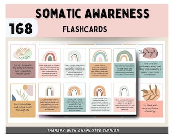 Somatic Awareness Journal Prompt, Somatic Awareness affirmations flashcards, Somatic Therapy Coping Skill, Polyvagal therapy, CPTSD Therapy