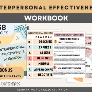 May include: A workbook titled "Interpersonal Effectiveness Workbook" with 38 pages. The workbook includes a bonus set of communication cards. The cover features a colorful illustration of a spiral bound notebook with a leafy design.