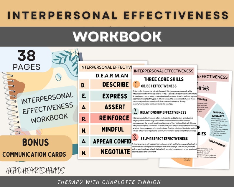 May include: A workbook titled "Interpersonal Effectiveness Workbook" with 38 pages. The workbook includes a bonus set of communication cards. The cover features a colorful illustration of a spiral bound notebook with a leafy design.