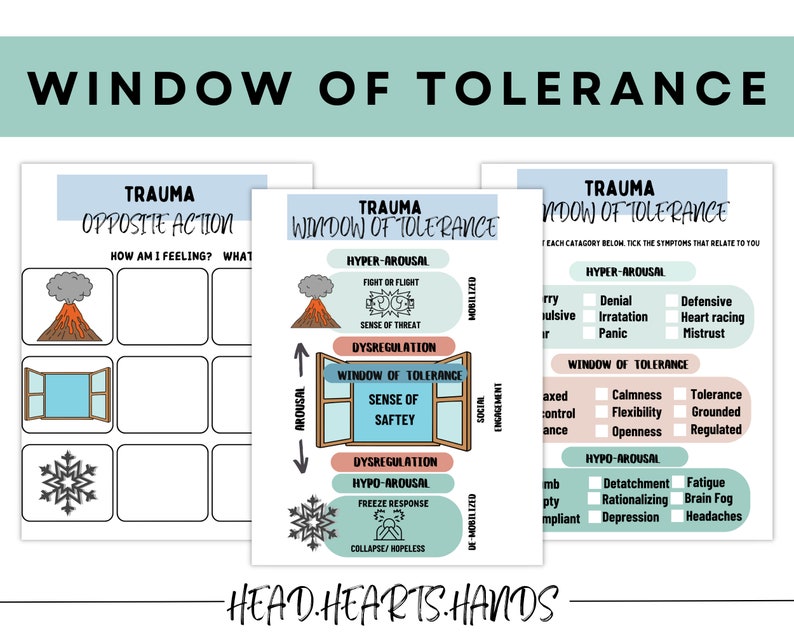 Op de afbeelding: Een set van drie printbare educatieve posters met de titel "Window of Tolerance". De posters bevatten diagrammen en tekst over trauma, opwinding en emotionele regulatie. Het kleurenschema is voornamelijk teal, perzik en wit, met illustraties van een vulkaan, een raam en een sneeuwvlok.