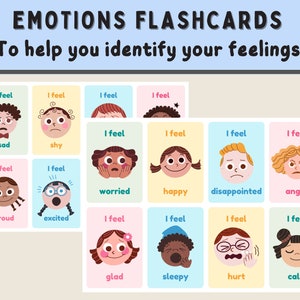 May include: A set of 12 colorful flashcards featuring different emotions. Each card has a cartoon face with a different expression and the text "I feel" followed by the name of the emotion. The emotions included are sad, shy, worried, happy, disappointed, angry, proud, excited, glad, sleepy, hurt, and calm.