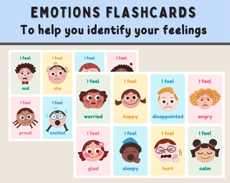 May include: A set of 12 colorful flashcards featuring different emotions. Each card has a cartoon face with a different expression and the text "I feel" followed by the name of the emotion. The emotions included are sad, shy, worried, happy, disappointed, angry, proud, excited, glad, sleepy, hurt, and calm.