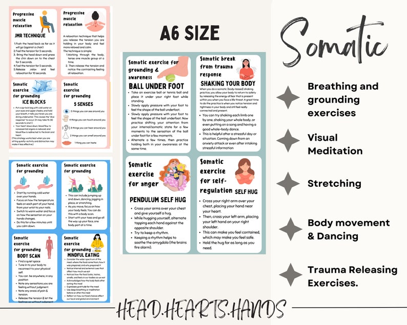 Op de afbeelding: Een set printbare kaarten met somatische oefeningen voor aarding, zelfregulatie en traumaverwerking. De kaarten bevatten illustraties en instructies voor elke oefening. De titel van de kaarten is "Somatic" en de tekst "Head Hearts Hands" staat onderaan de pagina.