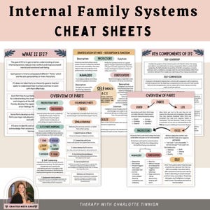 May include: A set of colourful printable cheat sheets with the title "Internal Family Systems Cheat Sheets". The sheets provide information about the different parts of the internal family system, including protectors, managers, firefighters, exiles, and self. The sheets also include information about self-leadership, self-compassion, and the self-energy system.