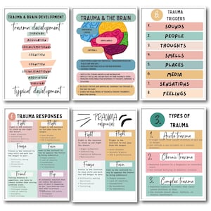 May include: A set of six illustrated posters about trauma and its effects on the brain and body. The posters are in pink, green, and white with black text. The posters include information about trauma triggers, trauma responses, and types of trauma.